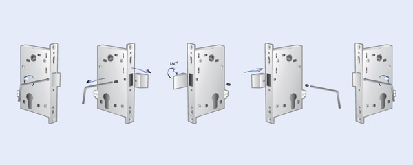 Mortise lock latch bolt orienting options